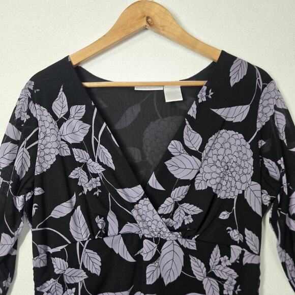 VTG Worthington Babydoll Top XL Black Purple Floral Surplice Neck Ruched Sides - Picture 2 of 14